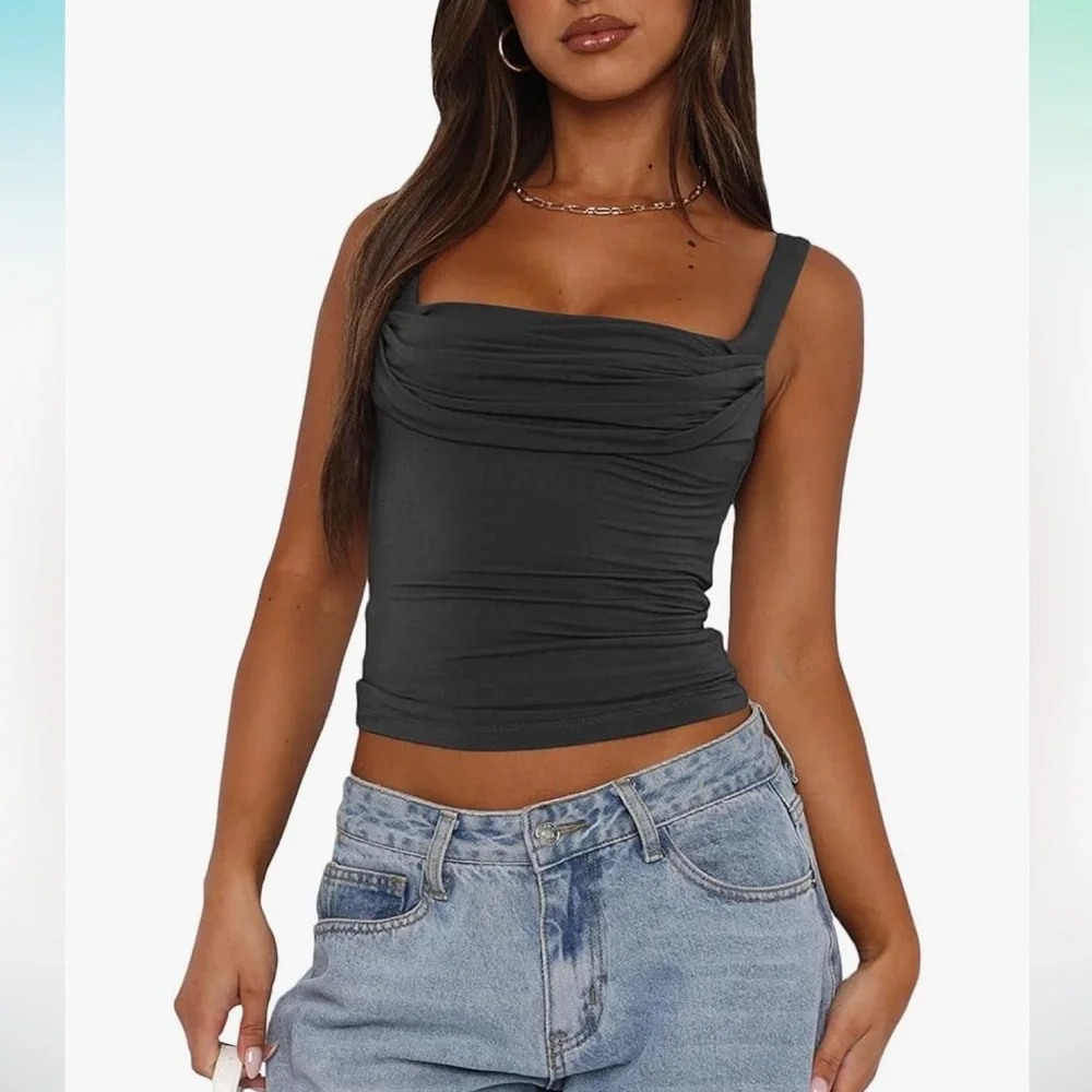 NWT Sleeveless Square Neck Strappy Tank Top Ruched Backless Crop Camisole Top